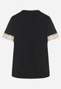 Czarny T-shirt z Bawełny Zdobiony Koronką z Cekinami Pollea
