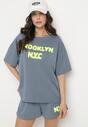 Granatowy Komplet Oversize z Wiskozą T-shirt i Szorty z Nadrukiem Liravella