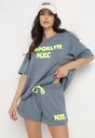 Granatowy Komplet Oversize z Wiskozą T-shirt i Szorty z Nadrukiem Liravella