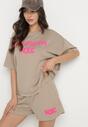 Ciemnobeżowy Komplet Oversize z Wiskozą T-shirt i Szorty z Nadrukiem Liravella
