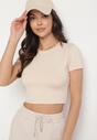 Beżowy T-shirt z Wiskozą o Dopasowanym Kroju Typu Crop Top Folirra