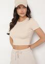 Beżowy T-shirt z Wiskozą o Dopasowanym Kroju Typu Crop Top Folirra