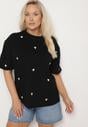 Czarny Bawełniany T-shirt Zdobiony Haftem w Kształcie Serc Naloree
