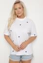 Biało-Niebieski Bawełniany T-shirt Zdobiony Haftem w Kształcie Serc Naloree