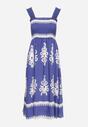 Niebieska Wiskozowa Sukienka o Rozkloszowanym Kroju w Ornamentny Wzór Adoxie