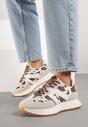 Biało-Brązowe Płaskie Sneakersy w Krowie Łaty z Geometrycznym Wzorem Nawla