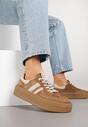 Brązowe Zamszowe Sneakersy na Grubej Podeszwie z Paskami i Skórzaną Wkładką Felenne