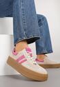 Beżowo-Fuksjowe Zamszowe Sneakersy na Grubej Podeszwie z Paskami i Skórzaną Wkładką Felenne