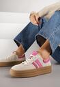 Beżowo-Fuksjowe Zamszowe Sneakersy na Grubej Podeszwie z Paskami i Skórzaną Wkładką Felenne