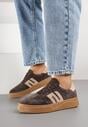 Ciemnobrązowe Sneakersy Tenisówki ze Skóry Naturalnej z Geometrycznym Motywem Haleria