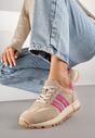 Beżowo-Fuksjowe Skórzane Sneakersy z Ozdobnymi Paskami Felindda