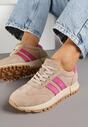 Beżowo-Fuksjowe Skórzane Sneakersy z Ozdobnymi Paskami Felindda