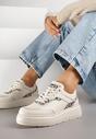 Beżowe Skórzane Sneakersy na Grubej Podeszwie z Metalicznymi Wstawkami Halalina