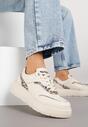 Beżowe Skórzane Sneakersy na Grubej Podeszwie z Metalicznymi Wstawkami Halalina