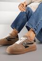 Brązowe Sneakersy Zamszowe w Stylu Tenisówek z Geometrycznym Wzorem Naliane