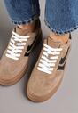 Brązowe Sneakersy Zamszowe w Stylu Tenisówek z Geometrycznym Wzorem Naliane