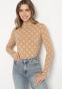 Beżowa Bawełniana Bluzka z Półgolfem Typu Longsleeve z Geometrycznym Wzorem Tilianna