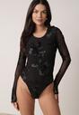 Czarne Koronkowe Body Ozdobione Przezroczystymi Rękawami Estania