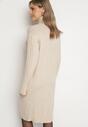 Jasnobeżowa Sweterkowa Sukienka z Golfem Ozdobiona Tłoczeniem Lanika
