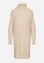 Jasnobeżowa Sweterkowa Sukienka z Golfem Ozdobiona Tłoczeniem Lanika