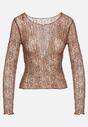 Brązowa Koronkowa Bluzka z Długimi Rękawami Zdobiona Cyrkoniami Isoleda