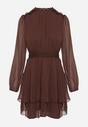 Brązowa Rozkloszowana Sukienka Siateczkowa z Bufiastymi Rękawami Isovana