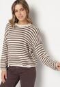 Jasnobeżowy Sweter Oversize w Paski z Dodatkiem Wełny i Wiskozy Tianalla