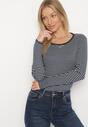 Granatowa Bluzka Typu Longsleeve w Paski Ozdobiona Cyrkoniami Ralinella