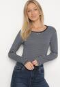 Granatowa Bluzka Typu Longsleeve w Paski Ozdobiona Cyrkoniami Ralinella