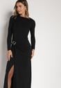 Czarna Sukienka Koktajlowa z Aplikacją z Marszczeniem na Biodrach Rariana