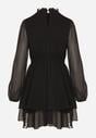 Czarna Rozkloszowana Sukienka Siateczkowa z Bufiastymi Rękawami Isovana