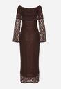 Brązowa Koktajlowa Sukienka z Odkrytymi Ramionami z Koronki Eperrie