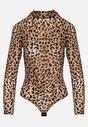 Beżowe Body w Panterkę z Domieszką Wiskozy z Długim Rękawem i Stójką Eclana