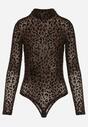 Brązowe Body w Panterkę z Domieszką Wiskozy z Długim Rękawem i Stójką Eclana