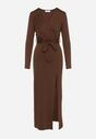 Brązowa Sukienka Kopertowa z Wiskozą Zdobiona Rozcięciem i Wiązanym Paskiem Teslea