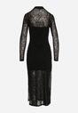 Czarna Dopasowana Sukienka Koktajlowa z Wiskozą z Welurowym Wzorem Kwiatów Alerre