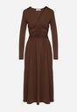 Brązowa Marszczona Sukienka Taliowana z Wiskozą z Dekoltem V i Długim Rękawem Emirie