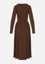 Brązowa Marszczona Sukienka Taliowana z Wiskozą z Dekoltem V i Długim Rękawem Emirie