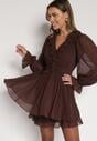 Ciemnobrązowa Rozkloszowana Sukienka z Falbankami i Siateczkowymi Rękawami Zennisa