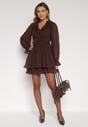 Ciemnobrązowa Rozkloszowana Sukienka z Falbankami i Siateczkowymi Rękawami Zennisa