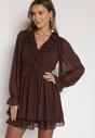 Ciemnobrązowa Rozkloszowana Sukienka z Falbankami i Siateczkowymi Rękawami Zennisa
