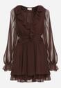 Ciemnobrązowa Rozkloszowana Sukienka z Falbankami i Siateczkowymi Rękawami Zennisa
