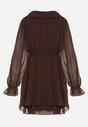 Ciemnobrązowa Rozkloszowana Sukienka z Falbankami i Siateczkowymi Rękawami Zennisa