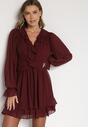 Bordowa Rozkloszowana Sukienka z Falbankami i Siateczkowymi Rękawami Zennisa