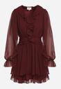 Bordowa Rozkloszowana Sukienka z Falbankami i Siateczkowymi Rękawami Zennisa
