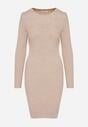 Beżowa Dopasowana Sukienka z Prążkowanej Dzianiny z Bawełną Tesmera