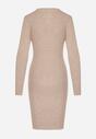 Beżowa Dopasowana Sukienka z Prążkowanej Dzianiny z Bawełną Tesmera
