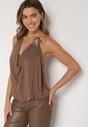 Brązowy Elegancki Top Halter Ozdobiony Łańcuszkiem i Kwiatową Broszką Idisara