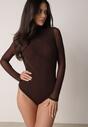 Brązowe Siateczkowe Body z Dodatkiem Wiskozy z Długim Rękawem i Stójką Lianasia