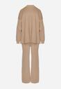 Beżowy Komplet z Wiskozą Ozdobiony Metaliczną Nicią Sweter z Półgolfem i Szerokie Spodnie Aresina
